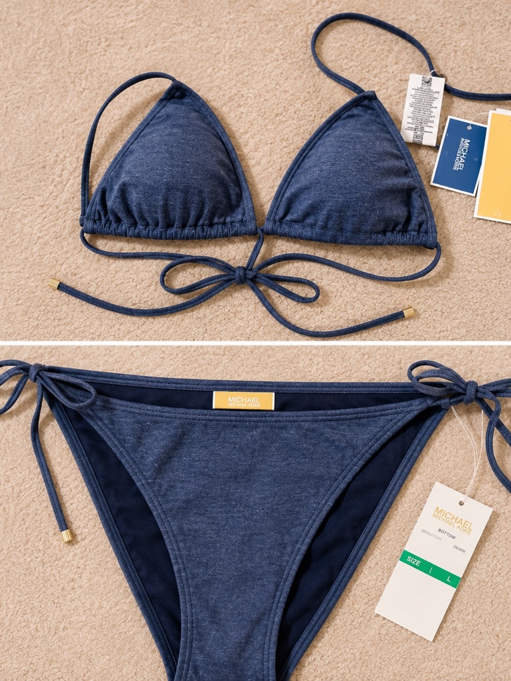 NWT MICHAEL Michael Kors Denim Blue String Bikini Set Size L